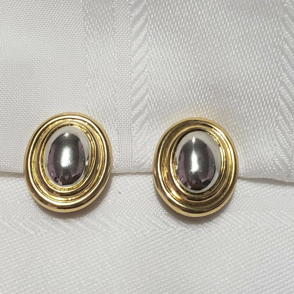 Liz Claiborne Gold / Silver Tone Oval Clip On Fashion Earrings 1.10 Inch